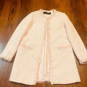 Zara Elegant Light Pink Women's Coat- Fringe, lined, woven.
